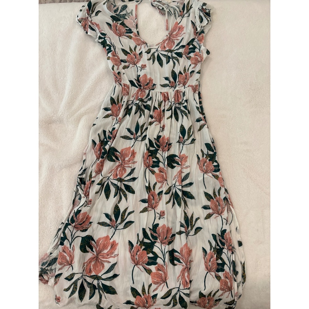 Roxy Floral Midi Dress Womens XS White Peach Green V-Neck Flutter Sleeve Cutout